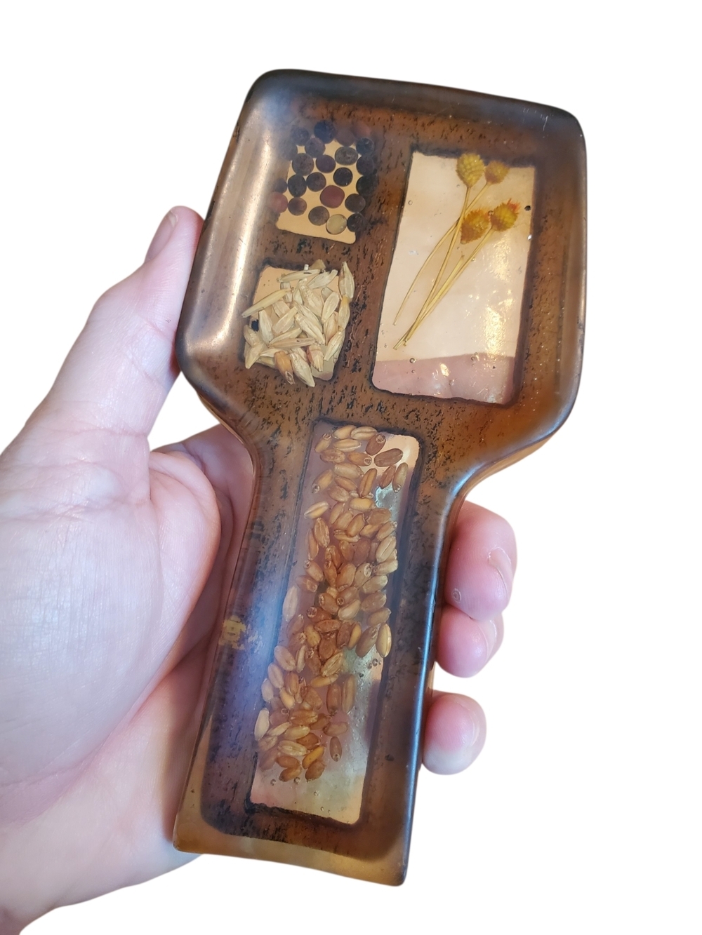 .Vtg 70s Lucite Resin Spoon Rest. Dried Flowers & Seeds Grains MCM Kitsch